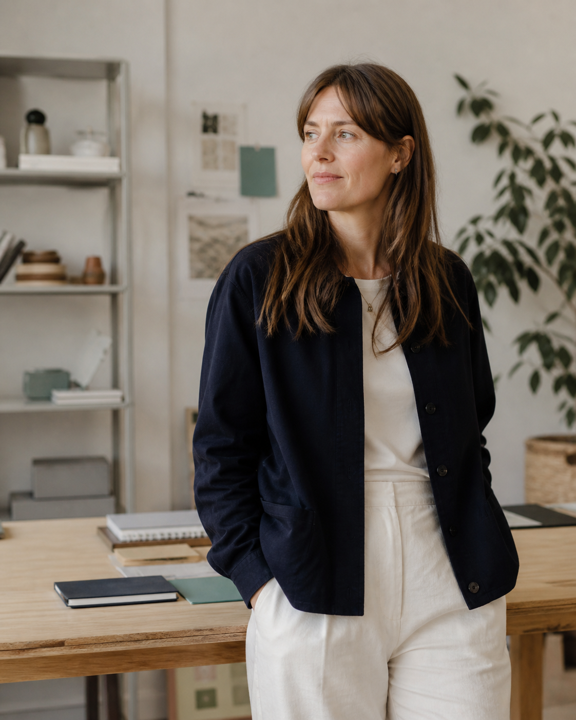 A small business owner standing at her desk in her workspace, calm and considered, daylight from a side window.